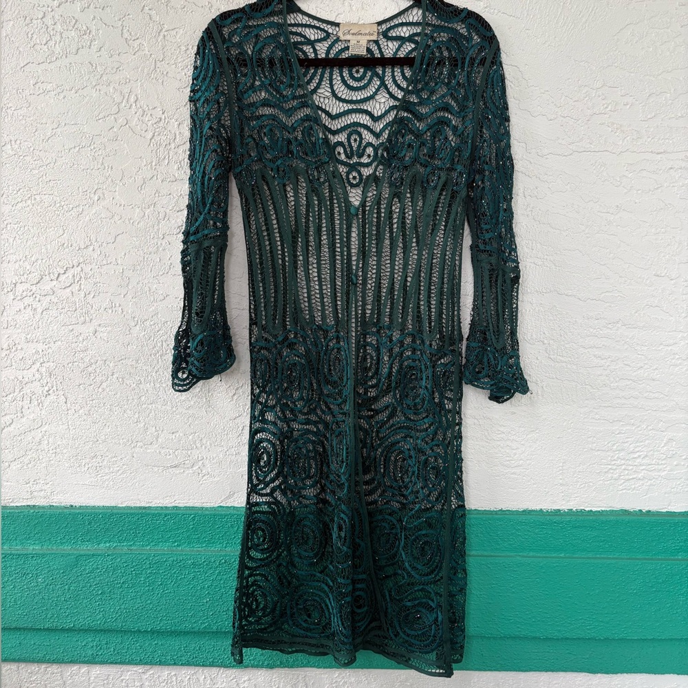 Soulmates Silk Polyester Handcrafted Crochet Beaded Teal Medium Cover Jacket